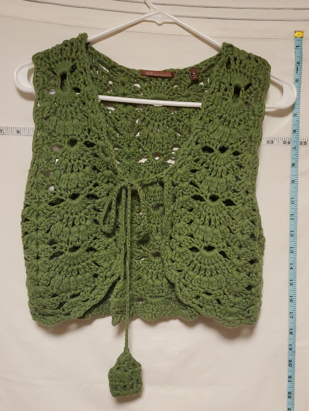 525 America Green Linen Cotton Blend Crochet Vest Med Cottagecore Grandma Knit